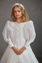 Girls Chiffon Special Occasion Communion Gown With Victorian Lace Sleeves